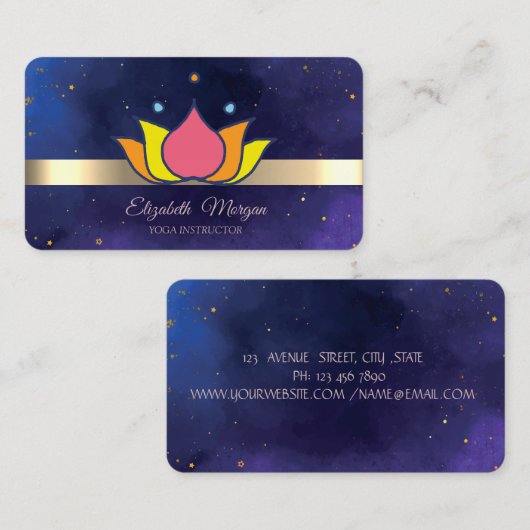 金ゴールドストライプロータスフラワーブルーヨガインストラクター 名刺 (正面/裏面)