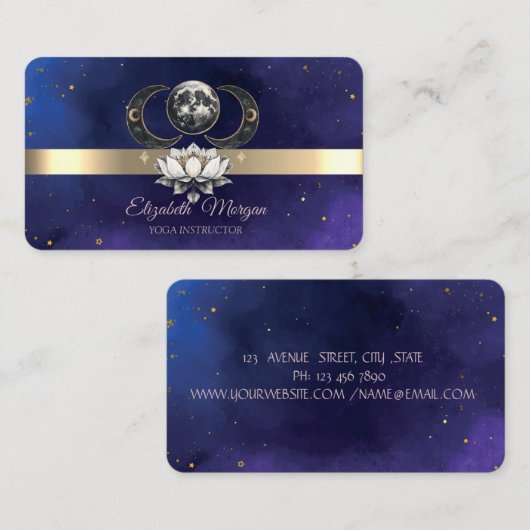 金ゴールドストライプロータスムーンブルーヨガインストラクター 名刺 (正面/裏面)