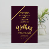 金ゴールドストライプ台本プラム結婚レッド 箔招待状 (立ち正面)