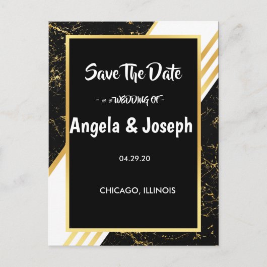 金ゴールドストライプ大理石タイポグラフィ黒日付を保存 案内ポストカード (正面)