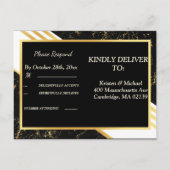 金ゴールドストライプ大理石タイポグラフィ黒RSVP インビテーションポストカード (裏面)