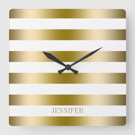 金ゴールドストライプ幾何学的パターン スクエア壁時計 (正面)