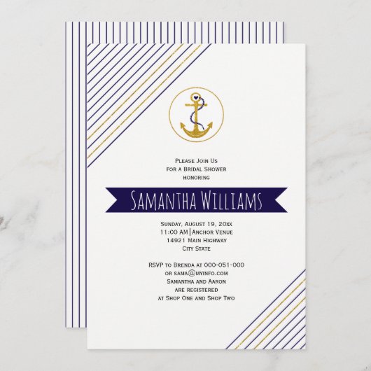 金ゴールドストライプ結婚航海のブライダルシャワー 招待状 (正面/裏面)