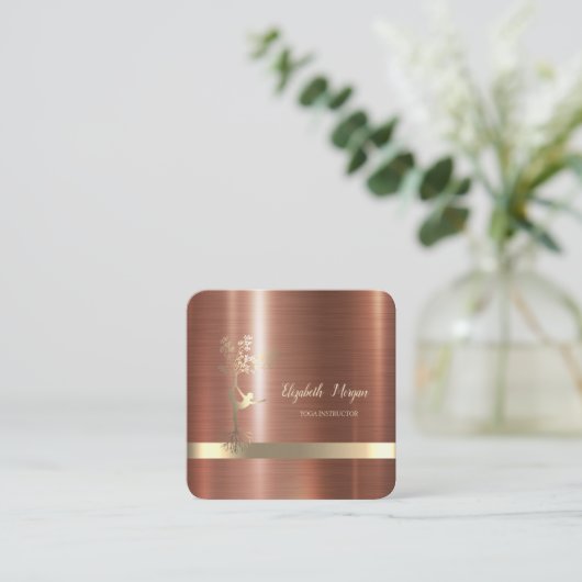 金ゴールドストライプ、ツリー女性シルエットブラウンメタリック スクエア名刺 (スタンド正面)