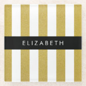 金ゴールドストライプ、パタストライプのーン、線、名前 ガラスコースター (正面)