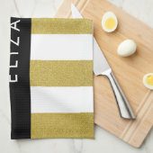 金ゴールドストライプ、パタストライプのーン、線、名前 キッチンタオル (四つ折り)