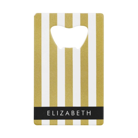 金ゴールドストライプ、パタストライプのーン、線、名前 クレジットカード栓抜き (正面)