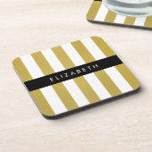 金ゴールドストライプ、パタストライプのーン、線、名前 コースター (左側)