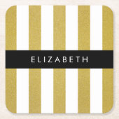 金ゴールドストライプ、パタストライプのーン、線、名前 スクエアペーパーコースター (正面)
