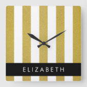 金ゴールドストライプ、パタストライプのーン、線、名前 スクエア壁時計 (正面)