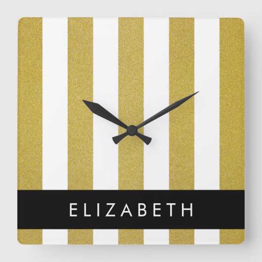 金ゴールドストライプ、パタストライプのーン、線、名前 スクエア壁時計 (正面)