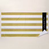 金ゴールドストライプ、パタストライプのーン、線、名前 ビーチタオル (正面)