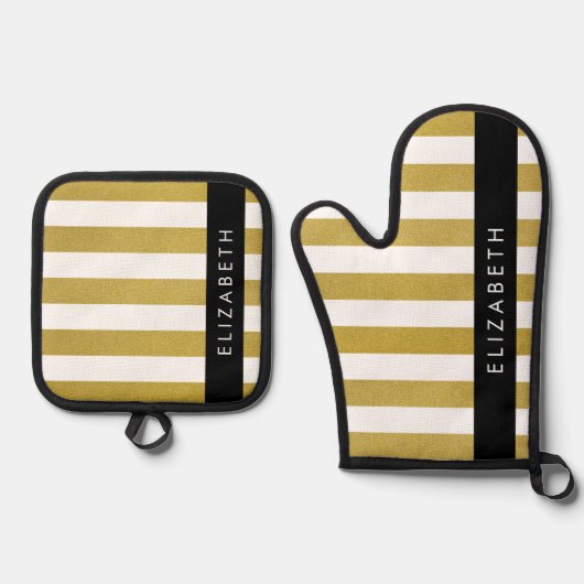 金ゴールドストライプ、パタストライプのーン、線、名前 鍋つかみ&鍋敷きセット (正面)