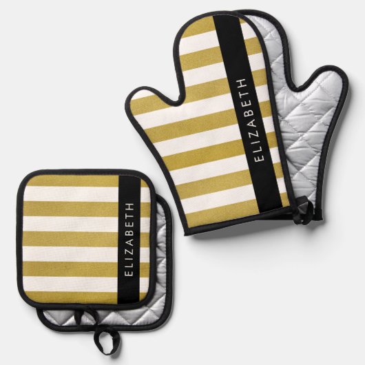 金ゴールドストライプ、パタストライプのーン、線、名前 鍋つかみ&鍋敷きセット (正面/裏面)