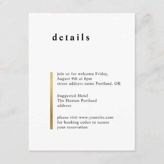 金ゴールドストライプ。モダンシンプルエレガント結婚詳細 エンクロージャーカード (正面)