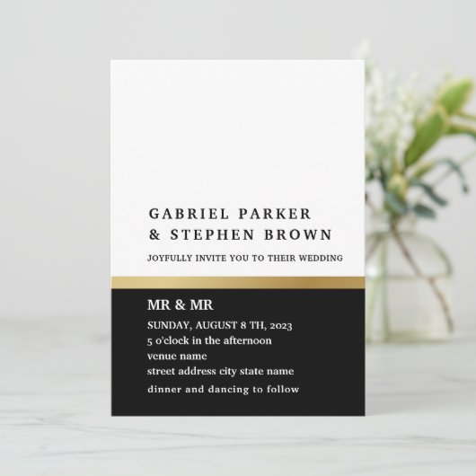 金ゴールドストライプ。白エレガント黒結婚の虫 招待状 (スタンド正面)