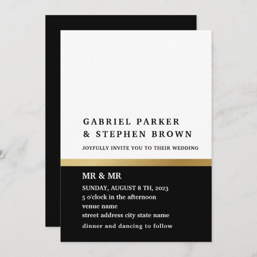 金ゴールドストライプ。白エレガント黒結婚の虫 招待状 (正面/裏面)