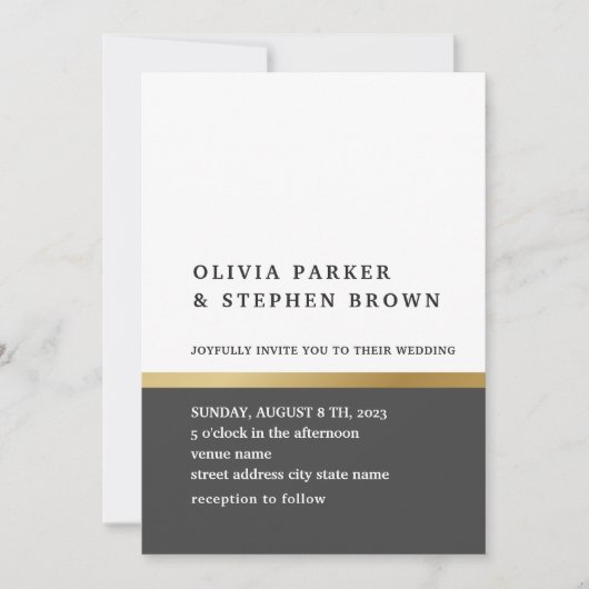 金ゴールドストライプ。白エレガント黒結婚の 招待状 (正面)