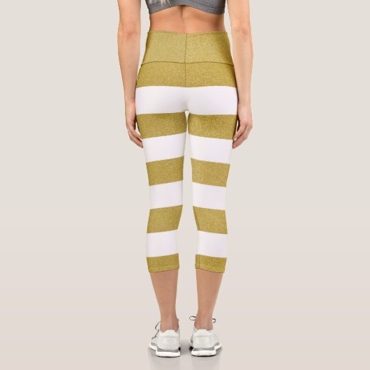 金ゴールドストライプ、白ストライプ色、パタストライプのーン カプリレギンス (裏面)