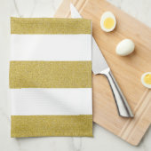 金ゴールドストライプ、白ストライプ色、パタストライプのーン キッチンタオル (四つ折り)