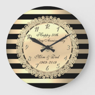 金ゴールドストライプ，花50周年結婚記念 ラージ壁時計