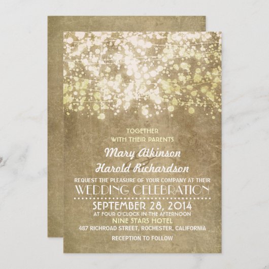 金ゴールドストリングライトグラムヴィンテエレガントージウェディング 招待状 (正面/裏面)