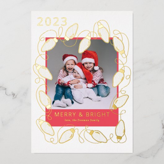 金ゴールドストリングライトメリークリスマスフォトカード 箔シーズンカード (正面)