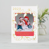 金ゴールドストリングライトメリークリスマスフォトカード 箔シーズンカード (立ち正面)