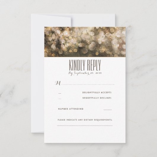 金ゴールドストリングライト素朴ウェディングRSVPカード 出欠カード (正面)