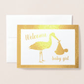 金ゴールドストークウェルカムガールベビーおめでとうカード 箔カード (封筒付き正面)