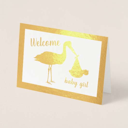 金ゴールドストークウェルカムガールベビーおめでとうカード 箔カード (正面)