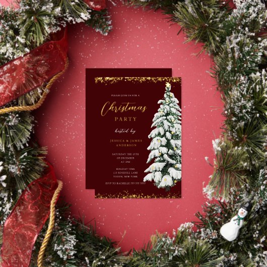 金ゴールドスノーツリークリスマスパーティーフォイル招待状 箔招待状 (インサイチュ)