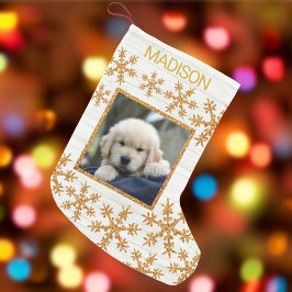 金ゴールドスノーフレークおもしろいキッズまたはペットの写真 スモールクリスマスストッキング