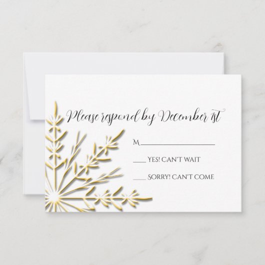 金ゴールドスノーフレークをホワイトウィンターウェディングRSVP 出欠カード (正面)
