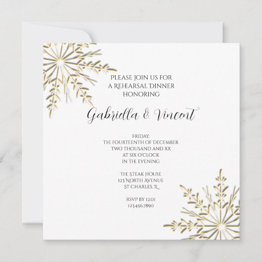 金ゴールドスノーフレークウィンターウェディングリハーサルディナー 招待状 (正面)