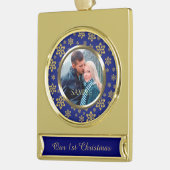 金ゴールドスノーフレークオンブルー初めてのクリスマス ゴールドプレートバナーオーナメント (左)