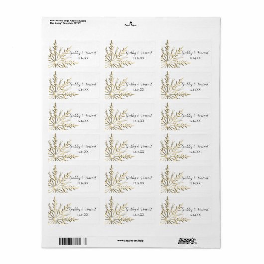 金ゴールドスノーフレークオンホワイトウィンターウェディングメッセージカード ラベル (フルシート)