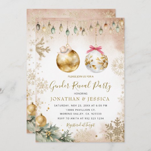 金ゴールドスノーフレークオーナメントクリスマスジェンダーの暴露 招待状 (正面/裏面)