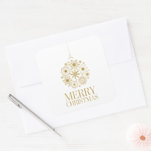 金ゴールドスノーフレークオーナメントホリデースクエアステッカー スクエアシール (封筒)