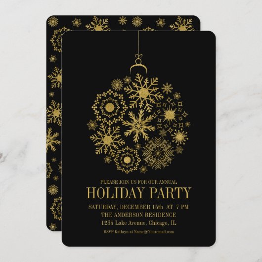 金ゴールドスノーフレークオーナメントホリデーパーティーカード 招待状 (正面/裏面)