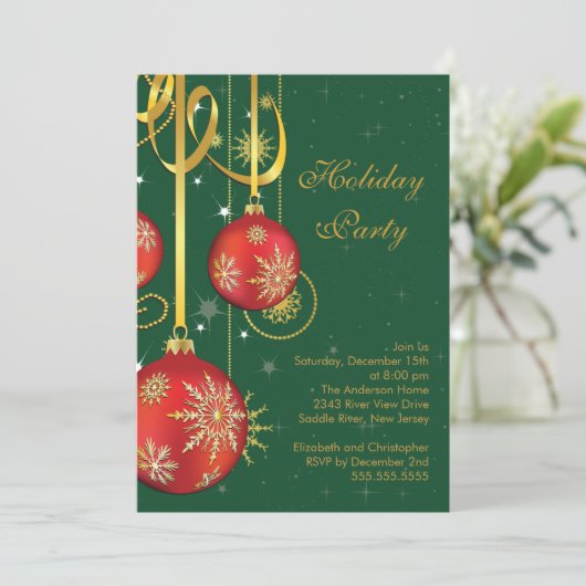 金ゴールドスノーフレークオーナメントホリデーパーティ招待状 招待状 (スタンド正面)