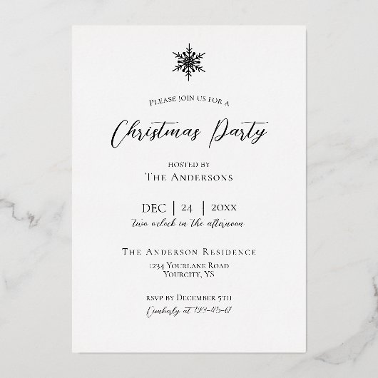 金ゴールドスノーフレーククリスマスパーティの招待状実在 箔招待状 (裏面)