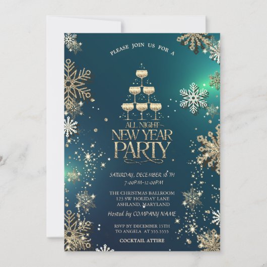 金ゴールドスノーフレークシャンパンガラス会社パーティー 招待状 (正面)