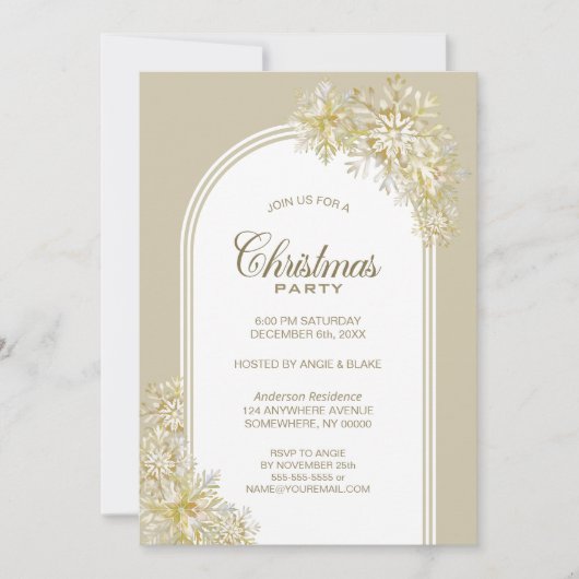 金ゴールドスノーフレークスアーチクリスマスパーティー 招待状 (正面)