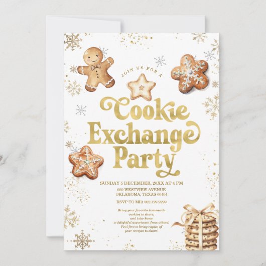 金ゴールドスノーフレークスクリスマスクッキー交換パーティー 招待状 (正面)