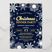 金ゴールドスノーフレークスクリスマスディナーパーティーネイビー 箔招待状 (正面)