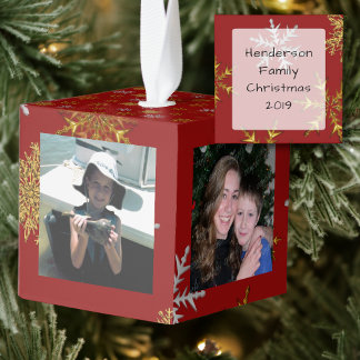 金ゴールドスノーフレークスクリスマスフォトキューブオーナメント キューブオーナメント