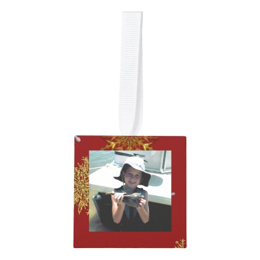 金ゴールドスノーフレークスクリスマスフォトキューブオーナメント キューブオーナメント (正面)