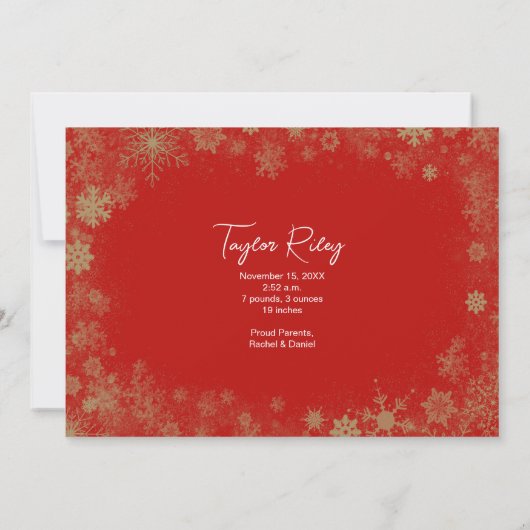 金ゴールドスノーフレークスクリスマスフォト誕生 案内状 (裏面)