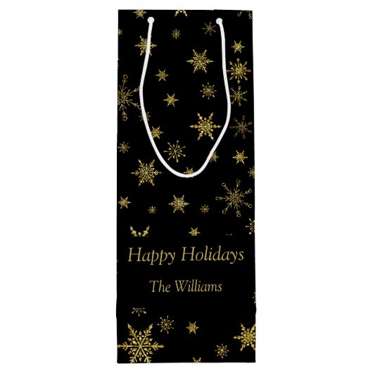 金ゴールドスノーフレークスクリスマスブラックパーソナライズされた ワインギフトバッグ (裏面)